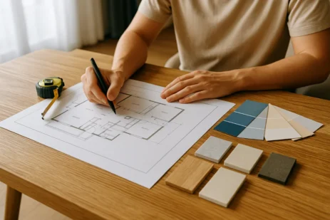 “Homeowner reviewing renovation plans with floor samples and tools on a table.”