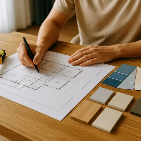 “Homeowner reviewing renovation plans with floor samples and tools on a table.”