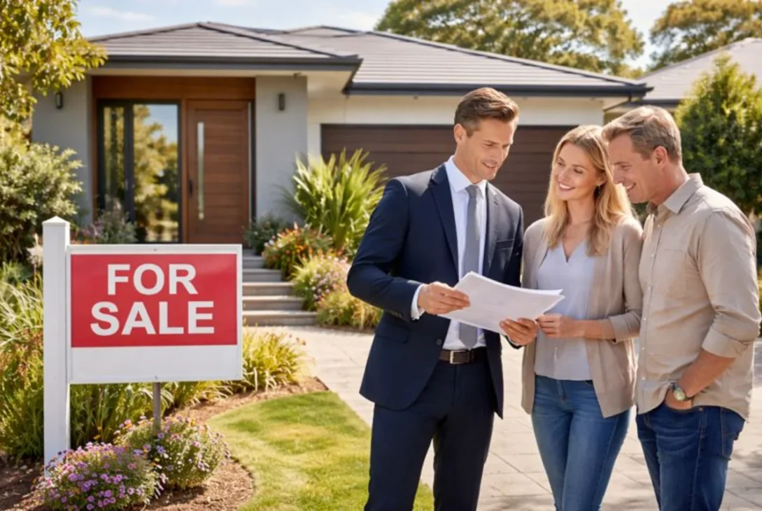 “Australian modern house with ‘For Sale’ sign and real estate agent showing documents to potential buyers.”