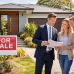 “Australian modern house with ‘For Sale’ sign and real estate agent showing documents to potential buyers.”