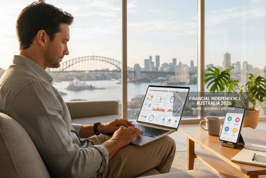 Australian professional reviewing investments on a laptop at home, representing financial independence through income, investing, and lifestyle choices in Australia
