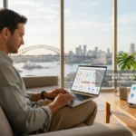 Australian professional reviewing investments on a laptop at home, representing financial independence through income, investing, and lifestyle choices in Australia
