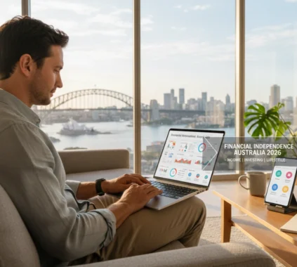 Australian professional reviewing investments on a laptop at home, representing financial independence through income, investing, and lifestyle choices in Australia