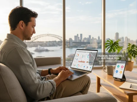 Australian professional reviewing investments on a laptop at home, representing financial independence through income, investing, and lifestyle choices in Australia