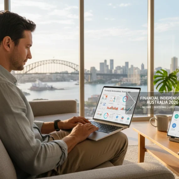 Australian professional reviewing investments on a laptop at home, representing financial independence through income, investing, and lifestyle choices in Australia