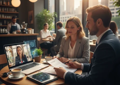 Australian lawyer consulting a client online and in-person, providing professional legal advice in 2026 in cafeshop