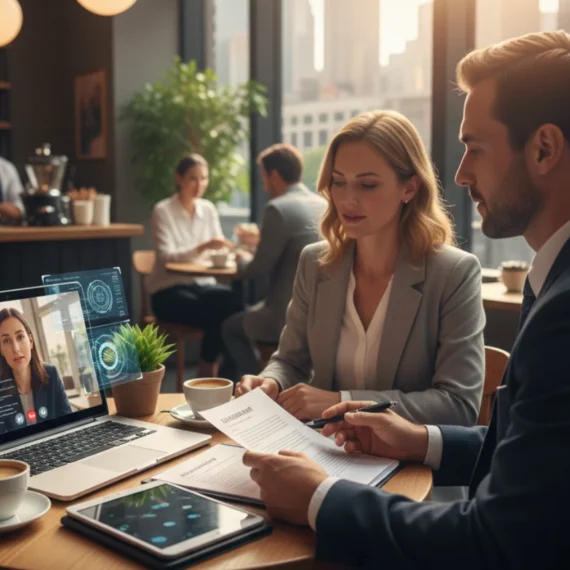 Australian lawyer consulting a client online and in-person, providing professional legal advice in 2026 in cafeshop