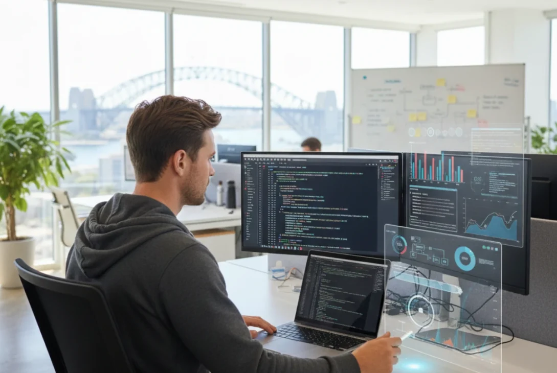 Australian software developer coding on a laptop, surrounded by charts and digital tools, representing modern software development trends