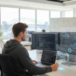 Australian software developer coding on a laptop, surrounded by charts and digital tools, representing modern software development trends