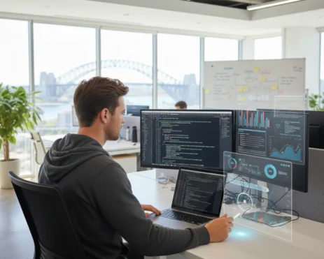 Australian software developer coding on a laptop, surrounded by charts and digital tools, representing modern software development trends
