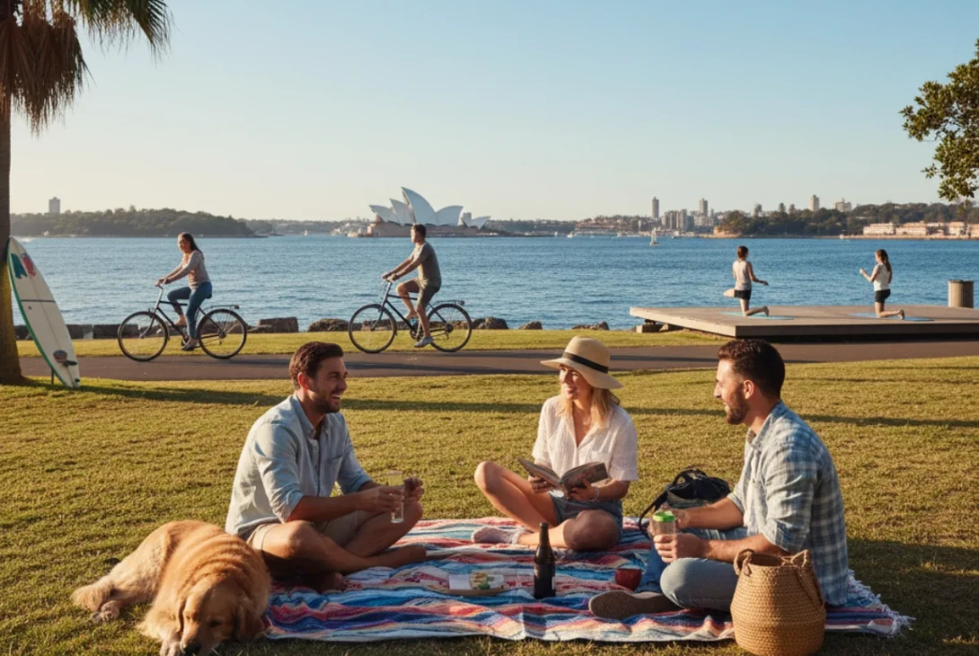 Relaxed Australian lifestyle scene showing people enjoying outdoor activity and calm surroundings, representing everyday wellbeing in Australia