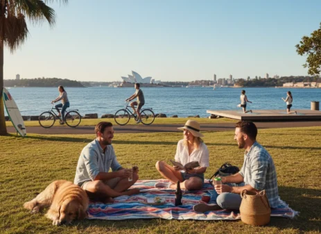 Relaxed Australian lifestyle scene showing people enjoying outdoor activity and calm surroundings, representing everyday wellbeing in Australia