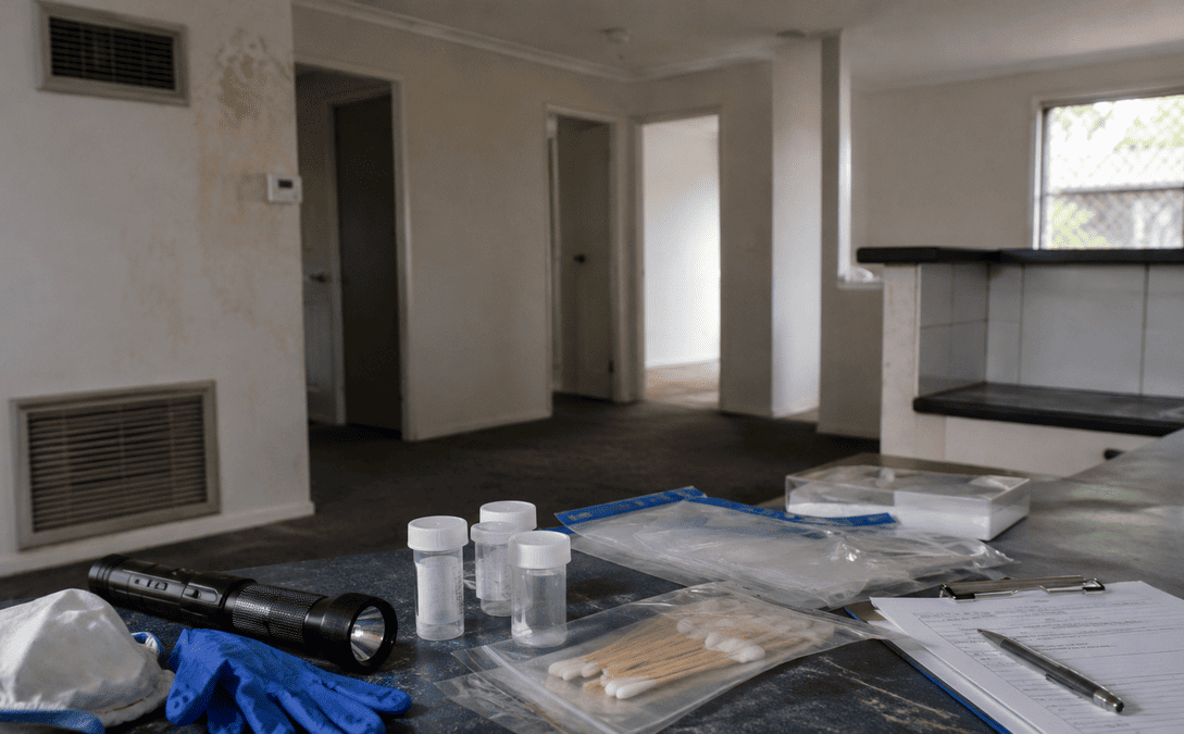 Professional meth contamination testing equipment arranged inside a realistic Australian rental property awaiting laboratory assessment.