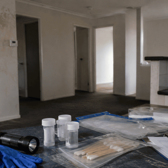 Professional meth contamination testing equipment arranged inside a realistic Australian rental property awaiting laboratory assessment.