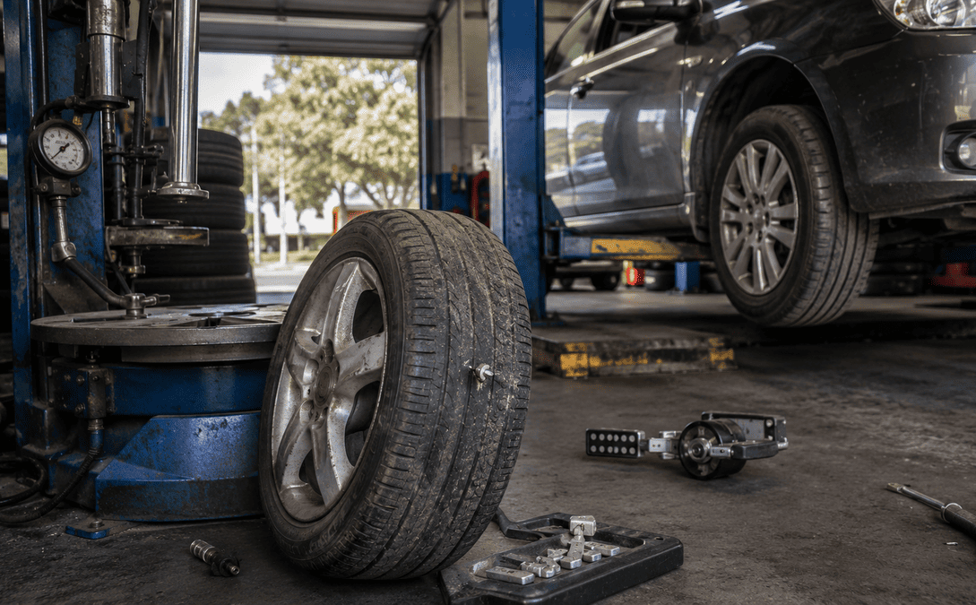Worn car tyre beside workshop equipment in an Australian tyre service bay, with a vehicle raised on a lift.