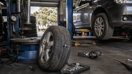Worn car tyre beside workshop equipment in an Australian tyre service bay, with a vehicle raised on a lift.