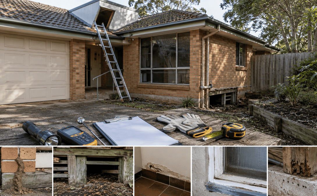 Ultra-realistic Australian home inspection showing inspection tools in the foreground, a suburban brick house, and subtle signs of structural wear and termite risk before a property purchase.