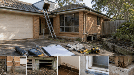 Ultra-realistic Australian home inspection showing inspection tools in the foreground, a suburban brick house, and subtle signs of structural wear and termite risk before a property purchase.