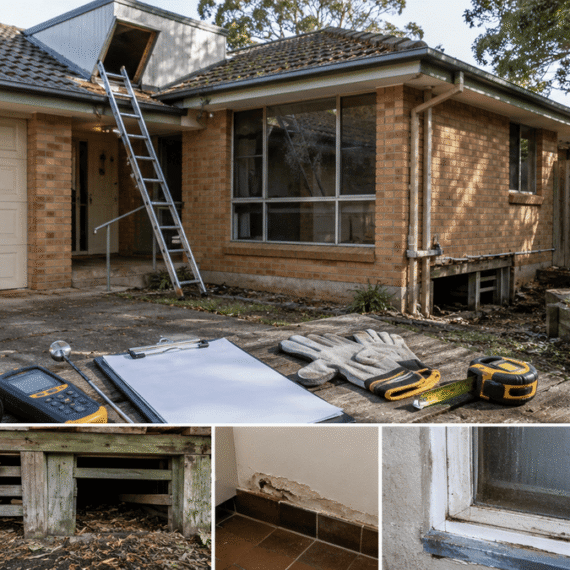 Ultra-realistic Australian home inspection showing inspection tools in the foreground, a suburban brick house, and subtle signs of structural wear and termite risk before a property purchase.