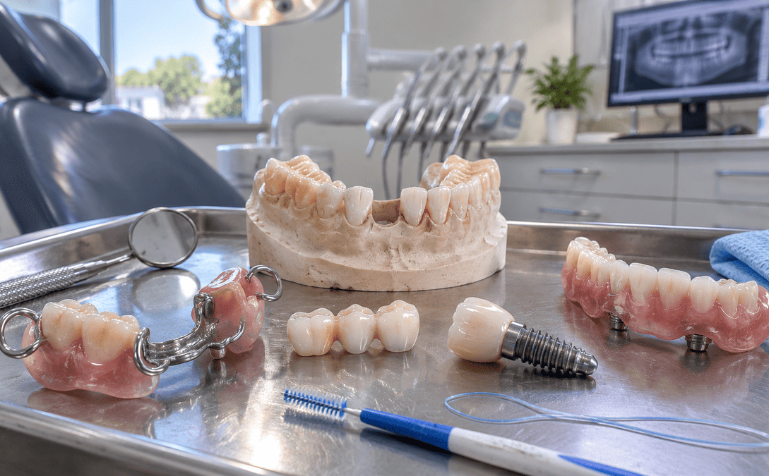 Dental prosthetics and implant models displayed in an Australian dental clinic.