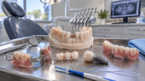 Dental prosthetics and implant models displayed in an Australian dental clinic.