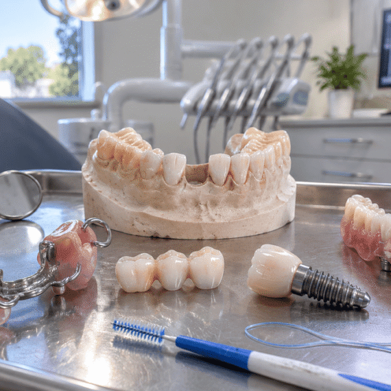 Dental prosthetics and implant models displayed in an Australian dental clinic.