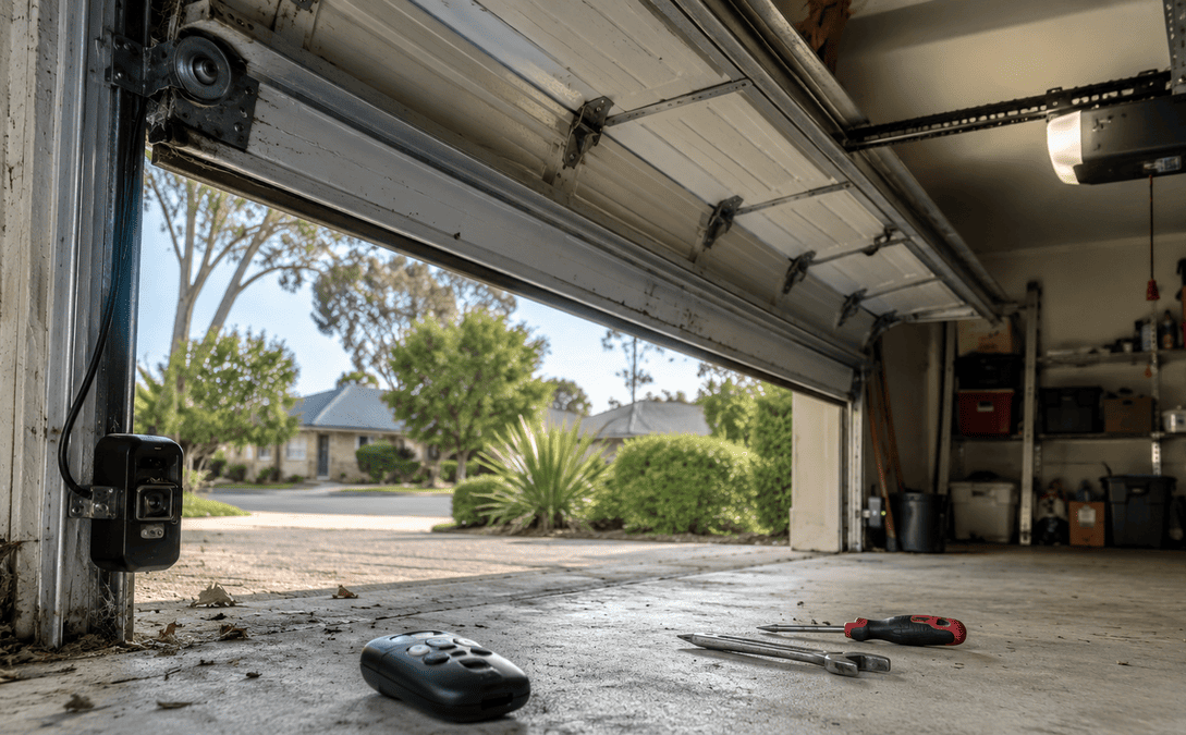 Realistic Australian garage with a partially open automatic garage door, dusty safety sensor, remote control, and maintenance tools highlighting early signs of garage door opener wear.