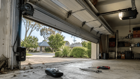 Realistic Australian garage with a partially open automatic garage door, dusty safety sensor, remote control, and maintenance tools highlighting early signs of garage door opener wear.