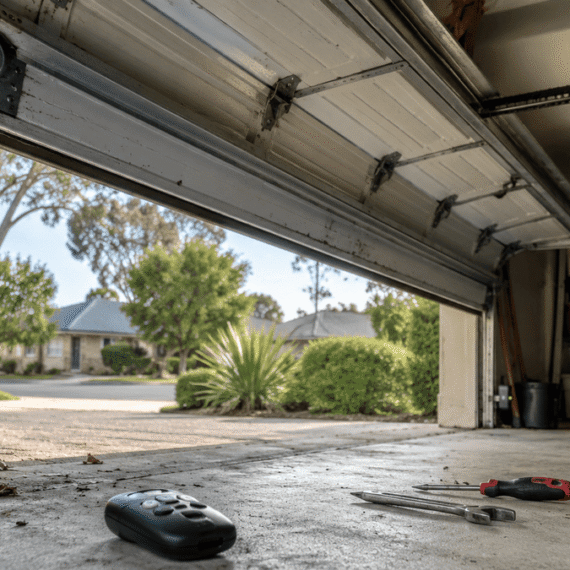 Realistic Australian garage with a partially open automatic garage door, dusty safety sensor, remote control, and maintenance tools highlighting early signs of garage door opener wear.