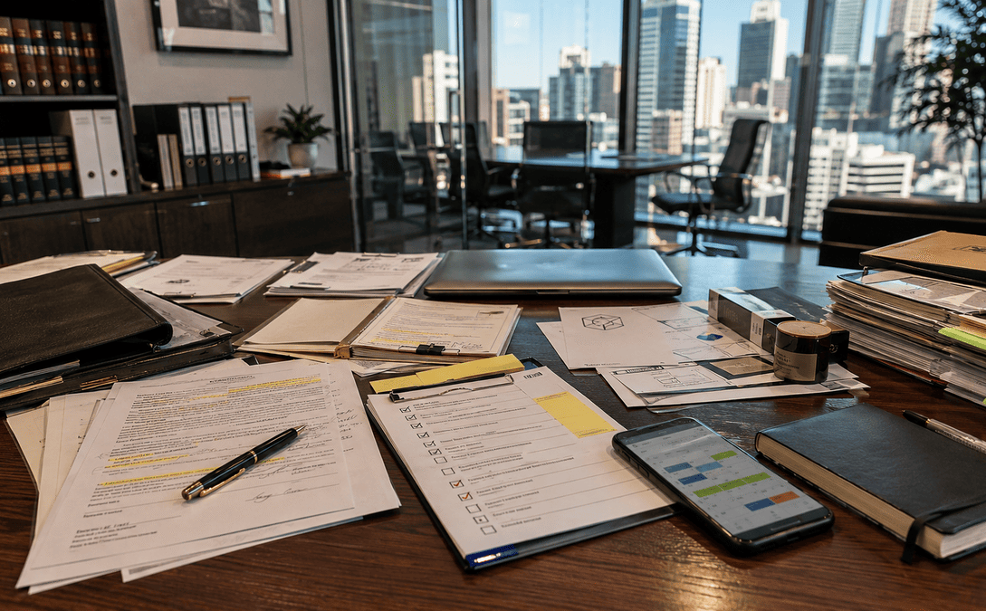 Commercial contracts, compliance documents, and business planning materials arranged on an executive office desk overlooking a modern Australian city skyline, symbolising proactive legal risk management.