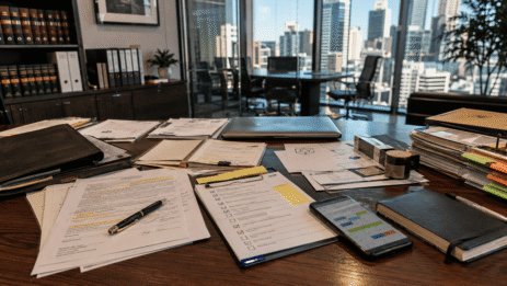 Commercial contracts, compliance documents, and business planning materials arranged on an executive office desk overlooking a modern Australian city skyline, symbolising proactive legal risk management.
