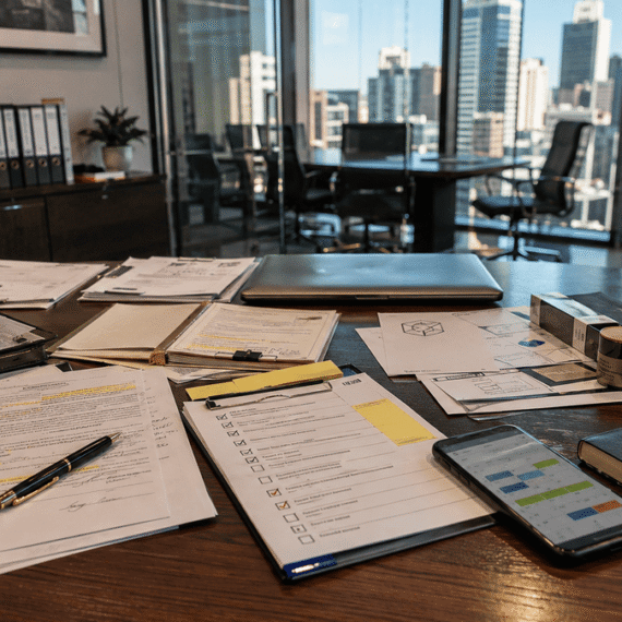Commercial contracts, compliance documents, and business planning materials arranged on an executive office desk overlooking a modern Australian city skyline, symbolising proactive legal risk management.