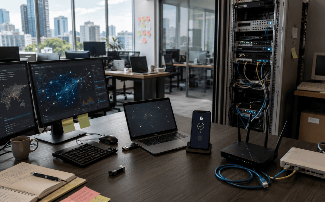Ultra-realistic Australian office workspace highlighting hidden cybersecurity risks, secure devices, and network infrastructure in a modern business environment.