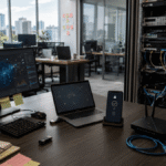 Ultra-realistic Australian office workspace highlighting hidden cybersecurity risks, secure devices, and network infrastructure in a modern business environment.