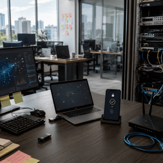 Ultra-realistic Australian office workspace highlighting hidden cybersecurity risks, secure devices, and network infrastructure in a modern business environment.