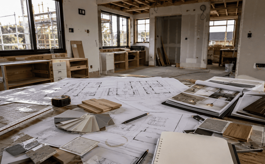 Architectural plans and interior material samples on a workbench inside a partially built modern home, illustrating early interior design planning during construction.