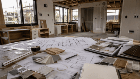 Architectural plans and interior material samples on a workbench inside a partially built modern home, illustrating early interior design planning during construction.
