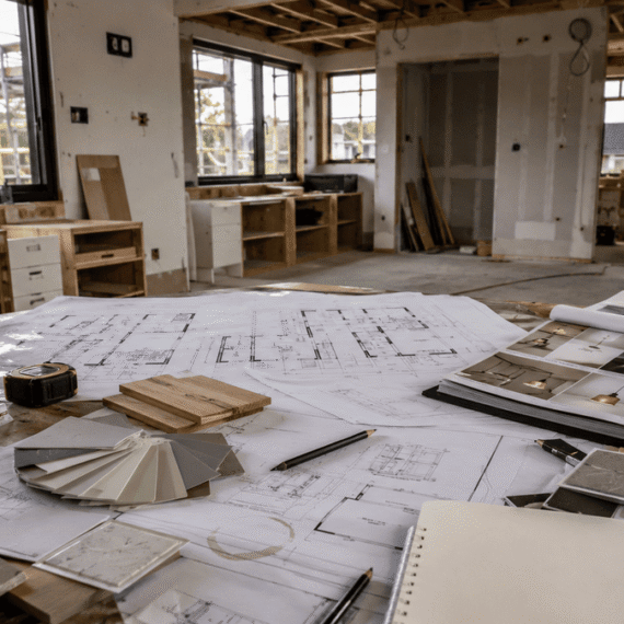 Architectural plans and interior material samples on a workbench inside a partially built modern home, illustrating early interior design planning during construction.
