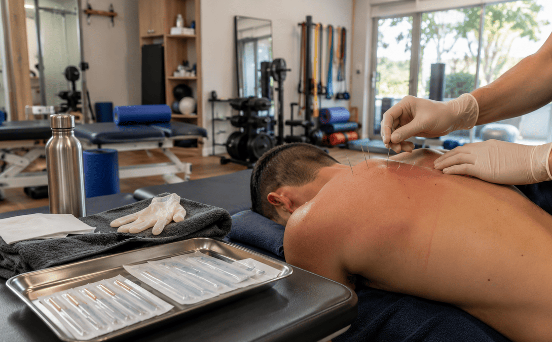 Physiotherapist performing dry needling therapy on a patient's upper back in a modern physiotherapy clinic with rehabilitation equipment and natural daylight.