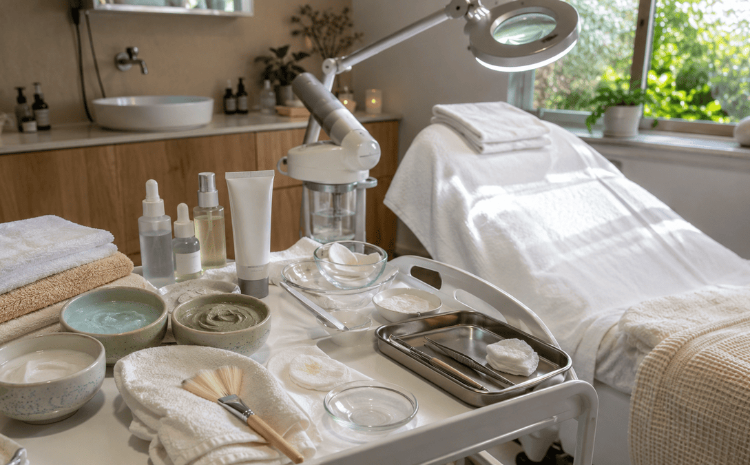 Sunlit skincare clinic with facial tools, masks, towels and treatment bed.