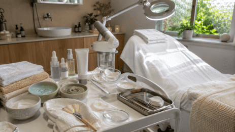 Sunlit skincare clinic with facial tools, masks, towels and treatment bed.