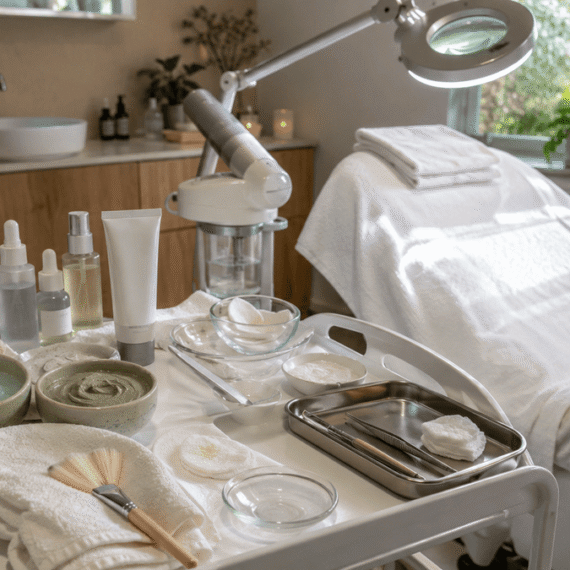 Sunlit skincare clinic with facial tools, masks, towels and treatment bed.