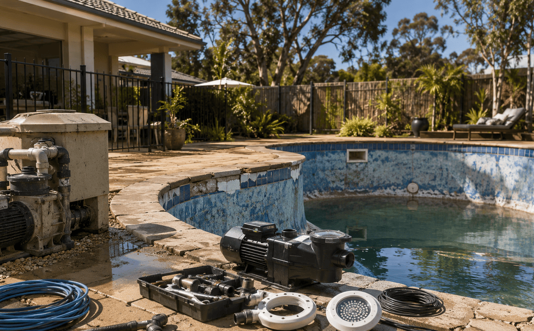 Ageing backyard swimming pool in an Australian home showing worn tiles, faded surfaces, and new energy-efficient pool equipment ready for renovation.