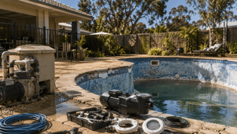 Ageing backyard swimming pool in an Australian home showing worn tiles, faded surfaces, and new energy-efficient pool equipment ready for renovation.