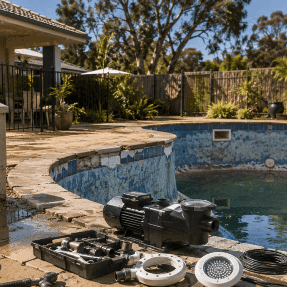 Ageing backyard swimming pool in an Australian home showing worn tiles, faded surfaces, and new energy-efficient pool equipment ready for renovation.