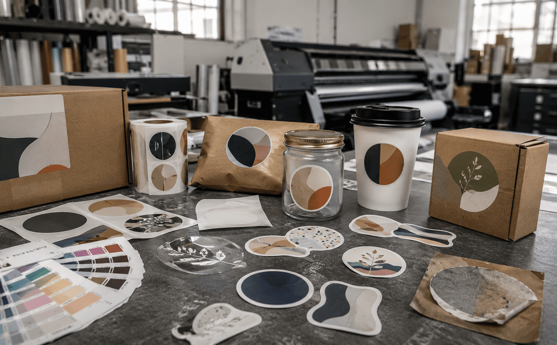 Ultra-realistic editorial photo of premium custom stickers on product packaging in a professional print workshop, contrasting vibrant durable stickers with one subtly faded peeling label.