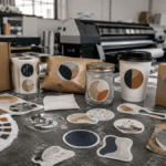 Ultra-realistic editorial photo of premium custom stickers on product packaging in a professional print workshop, contrasting vibrant durable stickers with one subtly faded peeling label.