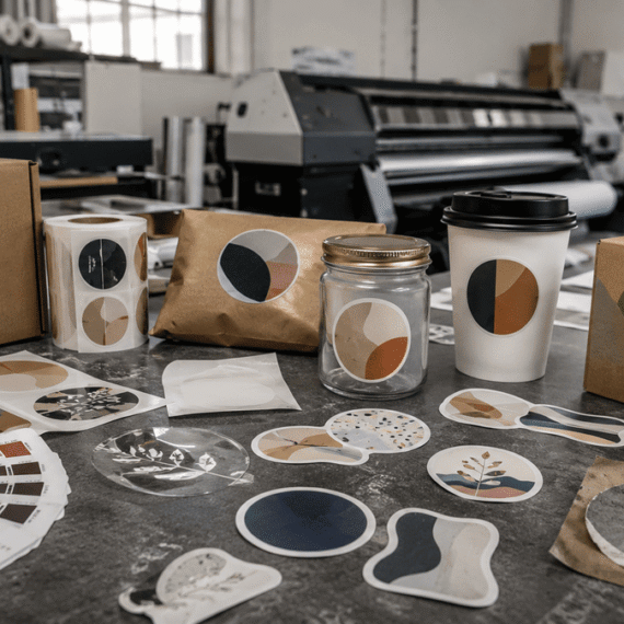 Ultra-realistic editorial photo of premium custom stickers on product packaging in a professional print workshop, contrasting vibrant durable stickers with one subtly faded peeling label.