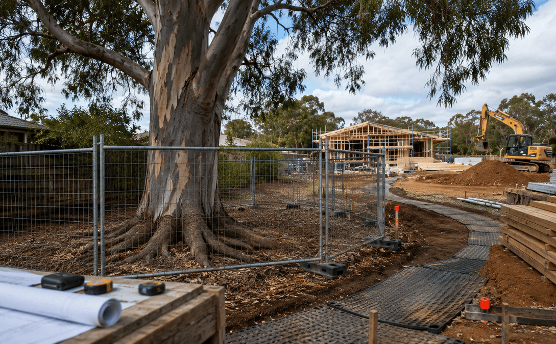Mature tree protected by fencing beside an Australian residential construction site, showing safe building practices and tree protection measures.