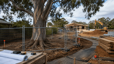 Mature tree protected by fencing beside an Australian residential construction site, showing safe building practices and tree protection measures.